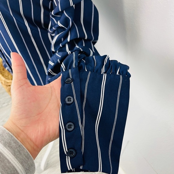 MARONIE BLUE & White Striped Collar Scrunch Long Sleeve Button Down Collar Top - Picture 6 of 7